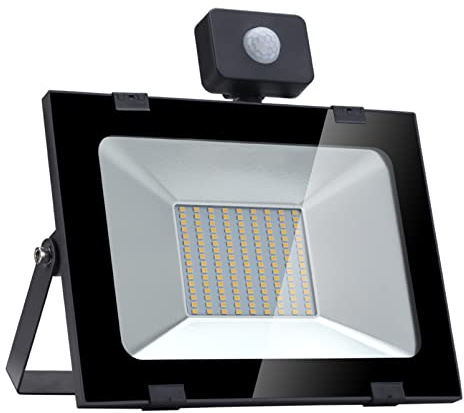 100W LED Floodlights with PIR 8000LM 3200K Warm White Motion Sensor Security Light IP65 Waterproof Garden Wall Lighting Parking Lot Lamp for Backyard Playground Pathway, 1 Pack