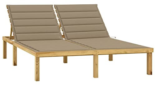 YITHOPI Rustikal Doppel-Sonnenliege,Holz Sonnenliege,Liegestuhl,Gartenliege,Rückenlehne Verstellbar,für Terrassen,Veranden,Hinterhöfe,Balkone,Pools,mit Beigen Auflagen Kiefer Imprägniert