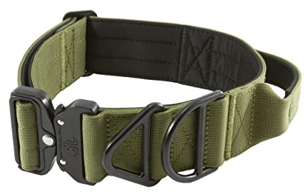 Tacticollar - 5,1 cm taktisches Hundehalsband mit Griff für mittelgroße und große Hunde, Mil Spec Nylonhalsband, Schnellverschluss-Metallschnalle, Neopren gepolsterte Innenseite (Medium, Olivgrün)