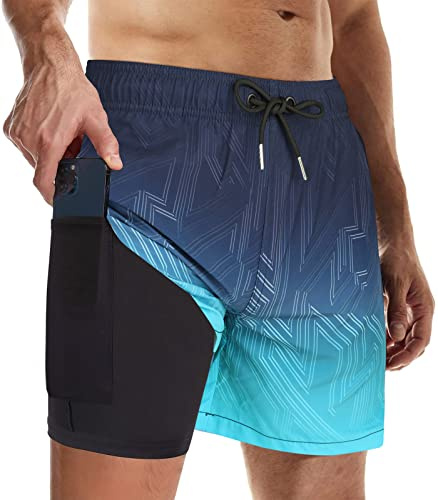 Wantonfy Badbyxor för män med kompression 2 i 1 strandshorts dubbla lager snabbtorkande badshorts surfande strandshorts, Blå-grön gradvis, XL