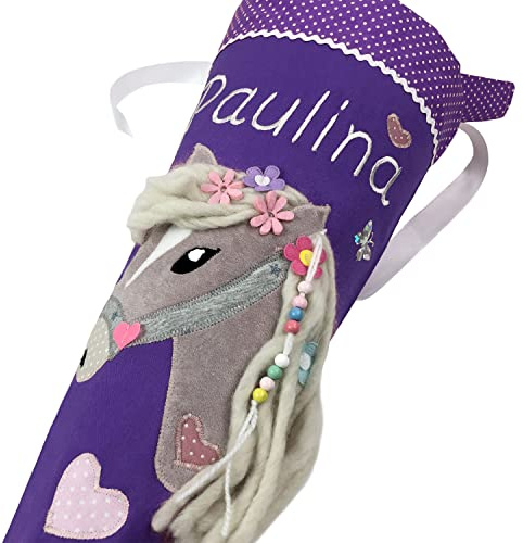 Schultüte/Zuckertüte Pferd mit Namen in lila zur Einschulung für Mädchen, aus Stoff, mit Kissen bestellbar