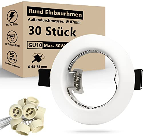 HiBay LED Einbaustrahler 230V Set GU10 Deckenspots Rund Weiß Einbauspot Rahmen 68mm Inkl. GU10 Fassung für LED oder Glühbirne 30er Set | Einbauspot Rahmen Inkl. GU10 Fassung für LED oder Glühbirne für Wohnzimmer Schlafzimmer Küche Flur Büro