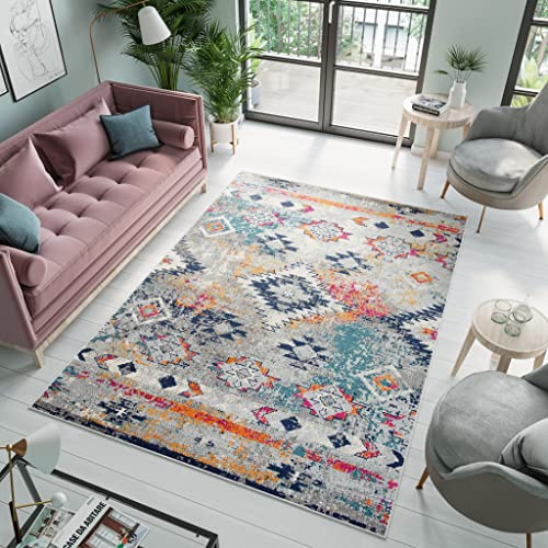 TAPISO Denver Teppich Kurzflor Blau Grau Orange Bunt Figuren Streifen Geometrisch Schlafzimmer Wohnzimmer Büro Modern Design ÖKOTEX 300 x 400 cm