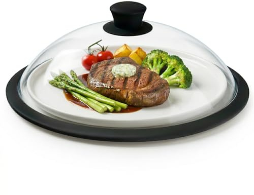 OEC Vented Splatter Guard Microwave Glass Cover with easy grip handle - 100% Food Grade Tempered Glass & BPA Free Silicone rim. Compatible with Plates, Bowls and Meal Prep Containers, Dishwasher Safe