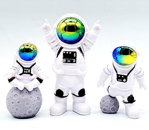 3PCS Set Astronaut Cake Topper Spaceman Cake Topper Mirror Astronaut Statue Decor Spaceman Figure for Birthday Ornament Space Astronaut Theme Party Supplies Desk Decoration (Gradient Blue)