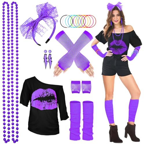 WILDPARTY 80er 90er Jahre Outfit Damen, T-Shirt, Beinwärmer, Stirnband, Ohrring, Halskette, Netzhandschuhe, 80er 90er Jahre Kostüm Mottoparty Accessoires Kleidung JD-80SMouth-Purple-3XL Made In China
