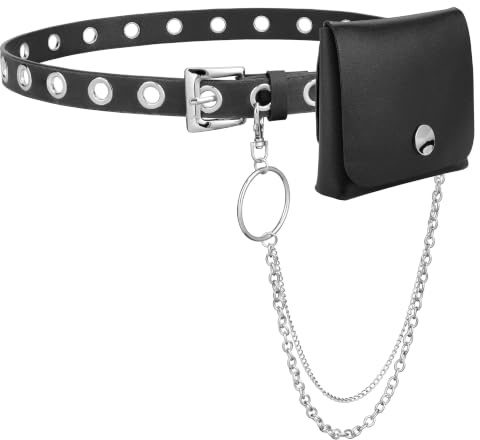 CHIC DIARY Taillengürtel mit Kleiner Tasche Mini Hüfttasche Damen Mode | Bauchtasche Gürteltasche Gürtel mit Kette Festival Tasche Schwarz Leder Gürteltasche