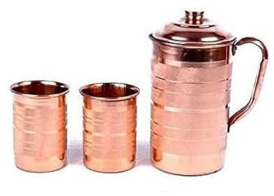 USA Deals 365 - Jarra de cobre puro con vasos, acabado martillado, 2 litros (jarra de vidrio 6)