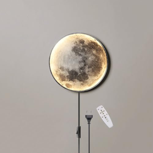 Mond Kinderzimmer Wandlampe Innen LED 15W Dimmbar Wandleuchte mit Fernbedienung Mondlampe Nachttischlampe mit Schalter und Kabel Stecker Art Deco Wandbeleuchtung für Schlafzimmer Wohnzimmer,Ø24cm