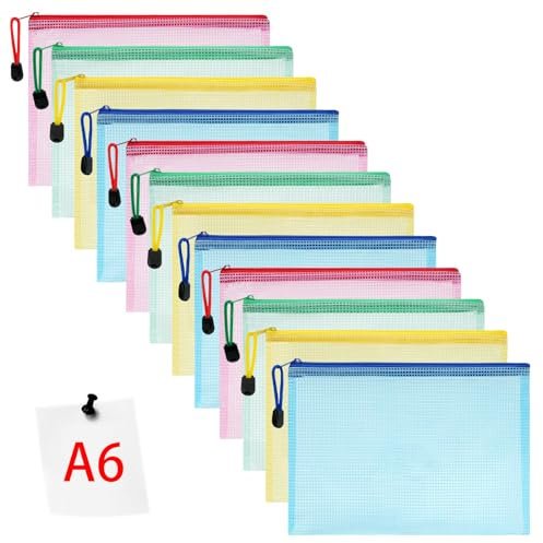 Vicloon Bolsa de Archivo de Cremallera,12 Pcs A6 Bolsa de Documentos Multicolor de Malla Bolsa de Archivo Bolsas de Cremallera de Almacenamiento para Cosméticos Suministros de Oficina Accesorios