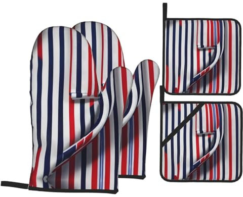 Rutschfeste Handschuhe und Grillhandschuhe - Isolierte Ofenhandschuhe und Stoffhalter Set zum Backen, Grillen und Kochen, Rot Blau Weiß Grau Streifen