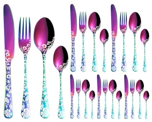 XIAOYU Ensemble d'argenterie 24 pièces, service de couverts en acier inoxydable pour 6 personnes, motif de fleur de pivoine, ustensiles comprenant couteaux/fourchettes/cuillères, Le Rainbow
