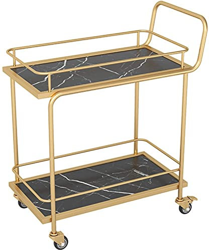 Getränkewagen, Goldener Barwagen auf Rädern, 2/3-stufiger Servier-Barwagen mit feststellbaren Rollen, Aufbewahrungswagen für Küche und Wohnzimmer, Mehrzweckregal aus Holz und Metall, schwarz, 2-stöc
