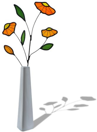 BOXCASA Glasmalerei, orangefarbene Blumen-Dekoration, Glaskunst, künstliche Blume, Ornament, Buntglas-Sonnenfänger für Fenster, Pflanzenstecker, Blumen für Vase, Tischdekoration, natürliche