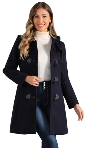 Allegra K Damen Wintermantel Mitte Oberschenkel Kapuze Toggle Duffle Long Coat, Dunkelblau, L