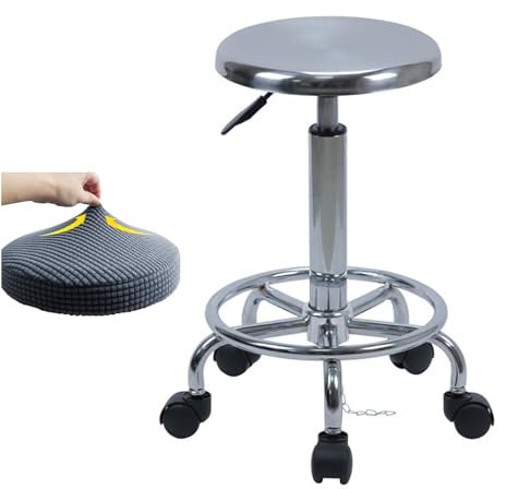 Rollhocker aus Edelstahl mit kostenlosem Sitzkissen und Rädern, robuster Zeichendrehhocker mit Hebefunktion für Bar, Labor, Büro, Friseur, Küche und Geschäft (18,9)