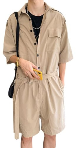 Oanviso Monopezzi Corte Uomo Overalls Casual One-piece Tuta Maniche Corte Moda Jumpsuit con Pulsante Tute da Jogging Cotone Estivi Colore Solido Overall da Casa da Lavoro A Kaki XL