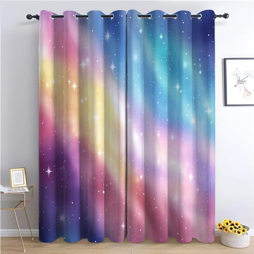 Verdunkelungsvorhänge Kinderzimmer 2er set H166 x B75 cm - Traum Regenbogen Galaxie Sterne Motiv Vorhänge - Blickdicht & Thermo Ösenvorhang - Bunte Pastell Gardinen für Mädchen Schlafzimmer Wohnzimmer
