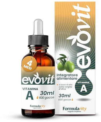 EVOVIT VITAMINA A - 4 Mesi di Durata - In Olio Extravergine d'Oliva Italiano Spermuto a Freddo - Integratore Naturale ad Alta Biodisponibilità - Senza Zuccheri, Glutine, Lattosio, 30ml- Made in Italy