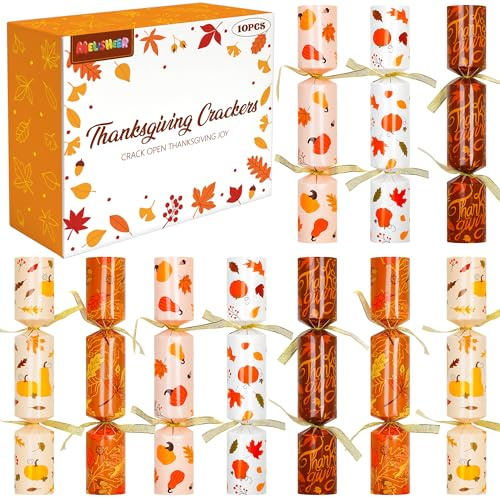 Melisheer 10 Pack Thanksgiving Party Favors, Leaf Design Thanksgiving Crackers, No Snap Party Table Favor Set with Joke Dice & Gifts, Traditional Thanksgiving Holiday Cracker for Adults