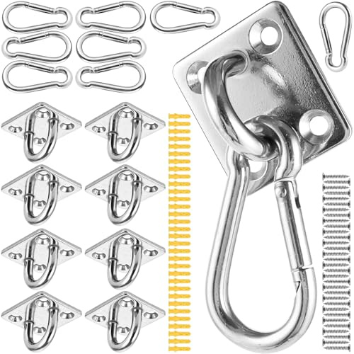 SHUESS 8er Edelstahl Augplatte und Edelstahl Karabiner – Augplatte mit Öse & Karabinerhaken, 304 Edelstahl Decksplatte, Ösenplatte Schwerlast Wandöse Deckenöse Set für Schaukel Sonnensegel Hängesessel