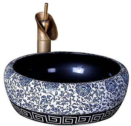 Lavabo de baño Lavabo de Encimera Lavabo de lavabo de porcelana for baño, tocador sobre encimera azul y blanco, lavabo de baño redondo de 16.5 '' x 16.5 '', lavabo de tocador de tocador(Single pot)