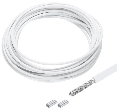 QUARKZMAN 10 Metri x 4mm (33Ft x 5/32) Fune Metallico Cavo Acciaio Inossidabile 304, Tenditore Tirante con 2pz Manicotti Alluminio per Appendere Stendibiancheria Sollevamento, Bianco