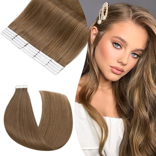 Rich Choices Tape Extensions Echthaar Tape in Extensions 40cm 20 Stück #6 Hellbraun Haarverlängerung Echthaar Remy Seidig Gerade Invisible Tape ins Haar Extensions Natürliche Haarverdichterung