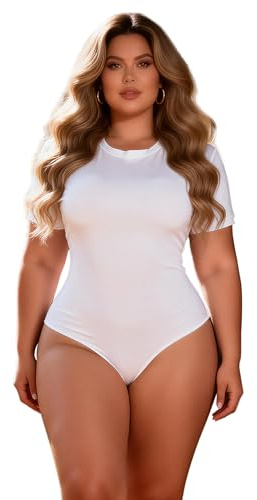 ohyeahlady Shapewear Damen Body Shaper Bodysuit mit Druckknopf Sexy Stringbody Ärmellos T-Shirt Oberteil Große Größen Jumpsuit Hohe Elastizität Overall Blusebody Übergröße Tank Top Weiß XL