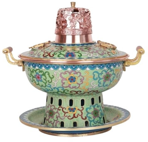 RUVOO Olla China de Carbón Caliente, Plato para Frotar, Estufa De Alcohol Individual De Cobre, Olla Caliente para El Hogar, Olla Caliente De Filigrana De Cobre Puro Duradera Picnic Cocina(Green1)