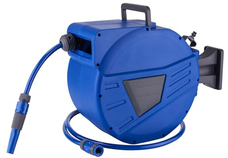 S&M 590139 – Enrollador de manguera para pared 20 metros de manguera + 2 metros | Color azul | Incluye soporte con giro 180° | Antialgas, con recogedor automático y rácores