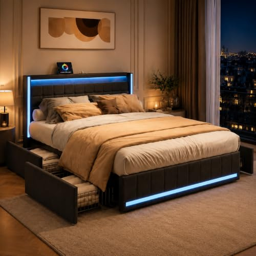LIVLUX Polsterbett 140x200 mit Stauraum,Doppelbett mit Kopfteil und 4 Schubladen,Jugendbett mit LED und USB, Bettgestell mit Lattenrost, Linen