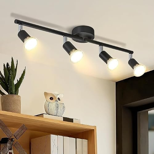 meoaow LED Deckenstrahler 4 Flammig Deckenlampe - 350° Schwenkbar Strahler | GU10 Deckenleuchte Schwarz Küchenlampe Spots Innen Deckenspot für Wohnzimmer Küche Schlafzimmer Ohne Leuchtmittel