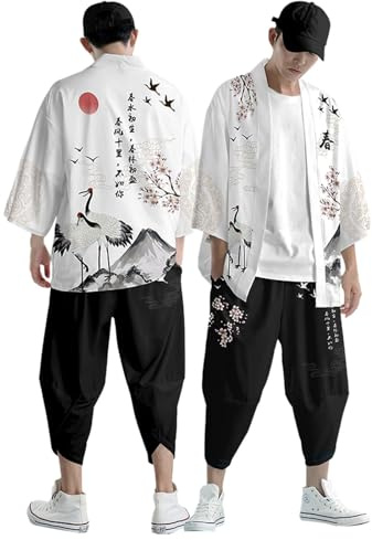 DUHENWU Kimono Giacche Giapponese Set Per Uomo Loose Fit Tuta Casual Stile Cinese Cardigan E Pantaloni Sportivi Tuta Estiva Retro Stampa 3D Tuta da Jogging Funky Colorata Manica Corta Tracksuit, O
