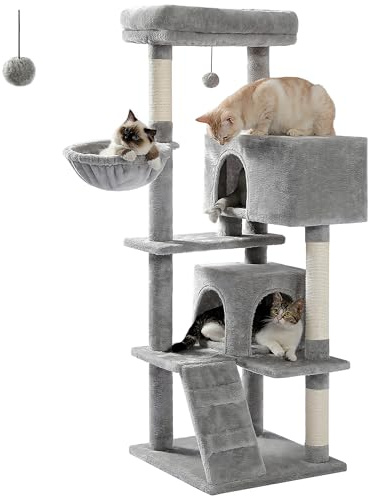PETEPELA 143cm Kratzbaum mit abnehmbarem Kissen, Kratzpfosten, Doppel-Katzenhaus – Extra groß für schwere Katzen, Grau