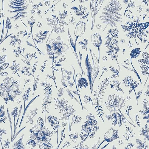 Skyblur Selbstklebende Tapete Blumen Klebefolie Blau 44.5x260cm Wandtapete | tapete blau schlafzimmer tapeten wohnzimmer blumentapete folie für küchenschränke tapete vintage grau klebefolie möbel