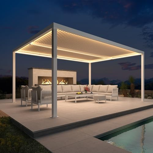 Pérgola bioclimática de aluminio de 4,8 x 3,68 m con luces LED, toldo impermeable para jardín al aire libre con listones ajustables para terraza y cochera, color blanco
