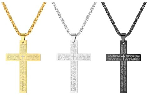 XFSRG Lot de 3 Collier Croix Homme en Acier Titane Pendentif Croix 3 5 x 5 cm sur Chaîne 60 cm Argent Noir et Or Antiallergique Anti Baptême et Quotidien (B)