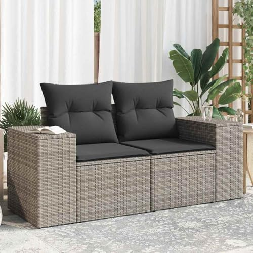 Teenpull Gartensofa 2-Sitzer, Grau Poly Rattan mit Stauraum und Kissen, Modulares Outdoor Patio Loungemöbel Set, UV-beständig, 110 kg Traglast