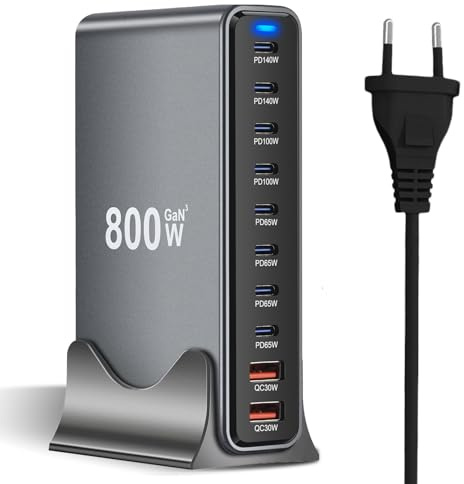 800 W USB C-laddare, 10-port, snabbladdare, adapter med GaN III och PD 3.1, med 8 USB-C och 2 USB-A PD PPS-laddare, 140 W strömförsörjning för MacBook, iPhone, bärbar dator, iPad, Samsung