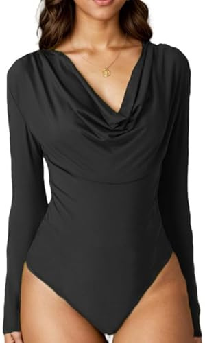 Sukiglam Body Femme Manches Longues Élégant Cowl Neck Bodysuit Tops Sexy Slim Fit Body Thong Shirt Stretch Justaucorps Casual Chemisiers Combinaison Blouses for Club Fête Chic Automne Hiver Bodys Top