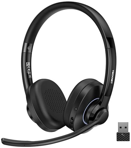 TECKNET V6.0 Bluetooth Headset mit Mikrofon,Wireless Headset mit AI Noise Cancelling Bluetooth Kabellos Kopfhörer PC On Ear mit USB-C Empfänger Büro/Trucker/Callcenter - 50+ Std. Akku
