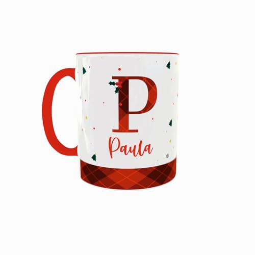 C&P Taza Navidad Personaliza, con Inical y Nombre - Regalo Original y Personalizado - 350 ML (Asa Roja)