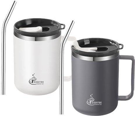 VEGOATY Lot de 2 gobelets isothermes en acier inoxydable 430 ml - Double paroi - Sans BPA - Avec couvercle et paille - En acier inoxydable 304 - Pour bureau, maison, école, blanc lait