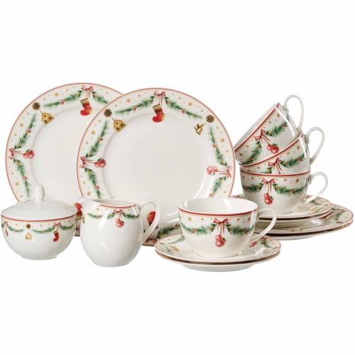 Ritzenhoff & Breker Holly Kaffeeservice 14-teilig für 4 Personen – Weihnachtsgeschirr aus Porzellan im Retro-Design – spülmaschinenfest & mikrowellengeeignet – Weiß/Rot/Grün