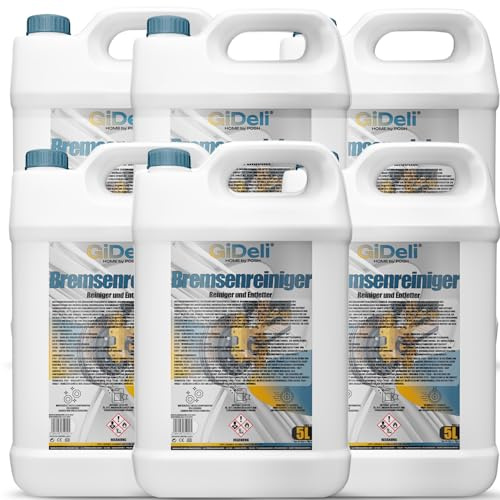 GiDeli Limpiador de frenos, bidón de 6 x 5 L, para coche, moto y bicicleta, elimina aceite, grasa, polvo de frenos, restos de pegamento, desengrasante para taller, secado rápido, no deja residuos