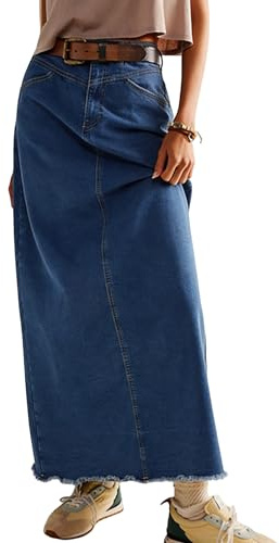 Ranphee Jean Jupe Longue Femme Vintage Taille Haute Stretch avec Poche A-Ligne 2026 Été Maxi Jupes