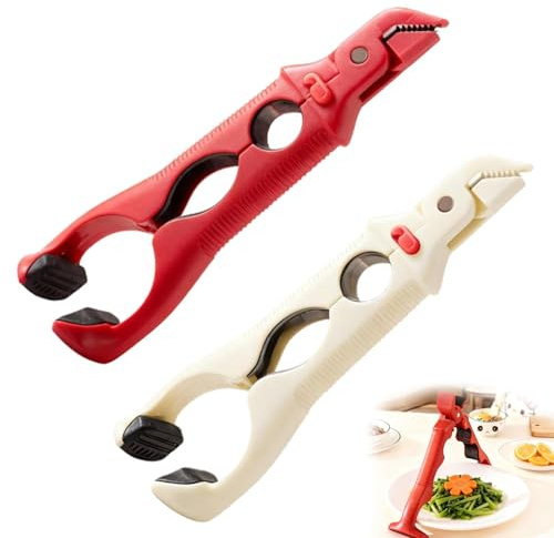 2PCS Hot Plate Gripper, 3-in-1 Air Fryer Tongs Silicone, Non-Slip Tongs for Air Fryer Kitchen Tool for Bowl and Plate Lifter and Can Opening (Red White)