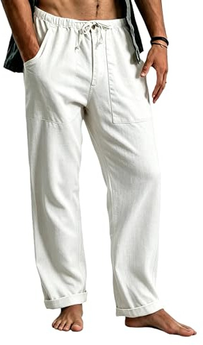Cegerne Pantaloni in Lino Uomo Lunghi Leggeri, Pantaloni Estivi Casual con Vita Elastica e Coulisse, per Spiaggia Vacanze Medievale Vintage e Uso Quotidiano, Bianco, L