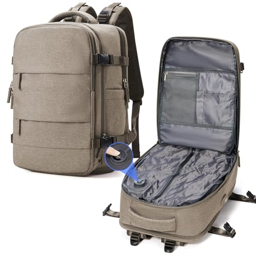 suradar Vakuum Rucksack 40x30x20 mit Integrierter Pumpeinheit, Reiserucksack Ryanair Handgepäck 40x30x20 Wizzair Vakuumrucksack mit Vakuumsystem Handgepäck Flugzeug Vacuum Backpack Khaki